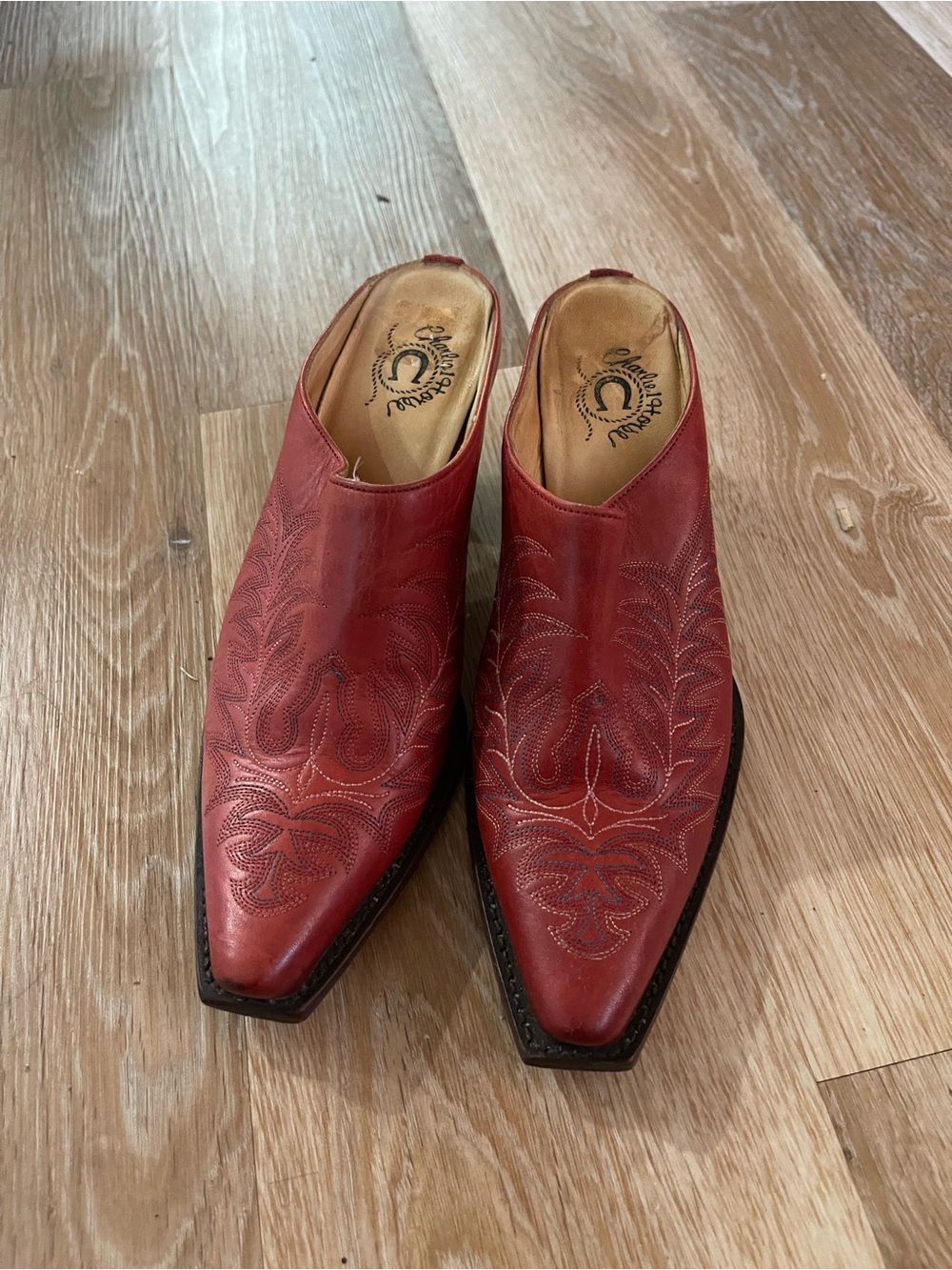 Western-Style Red Leather Mules with Embroidered Upper - Charlie Horse